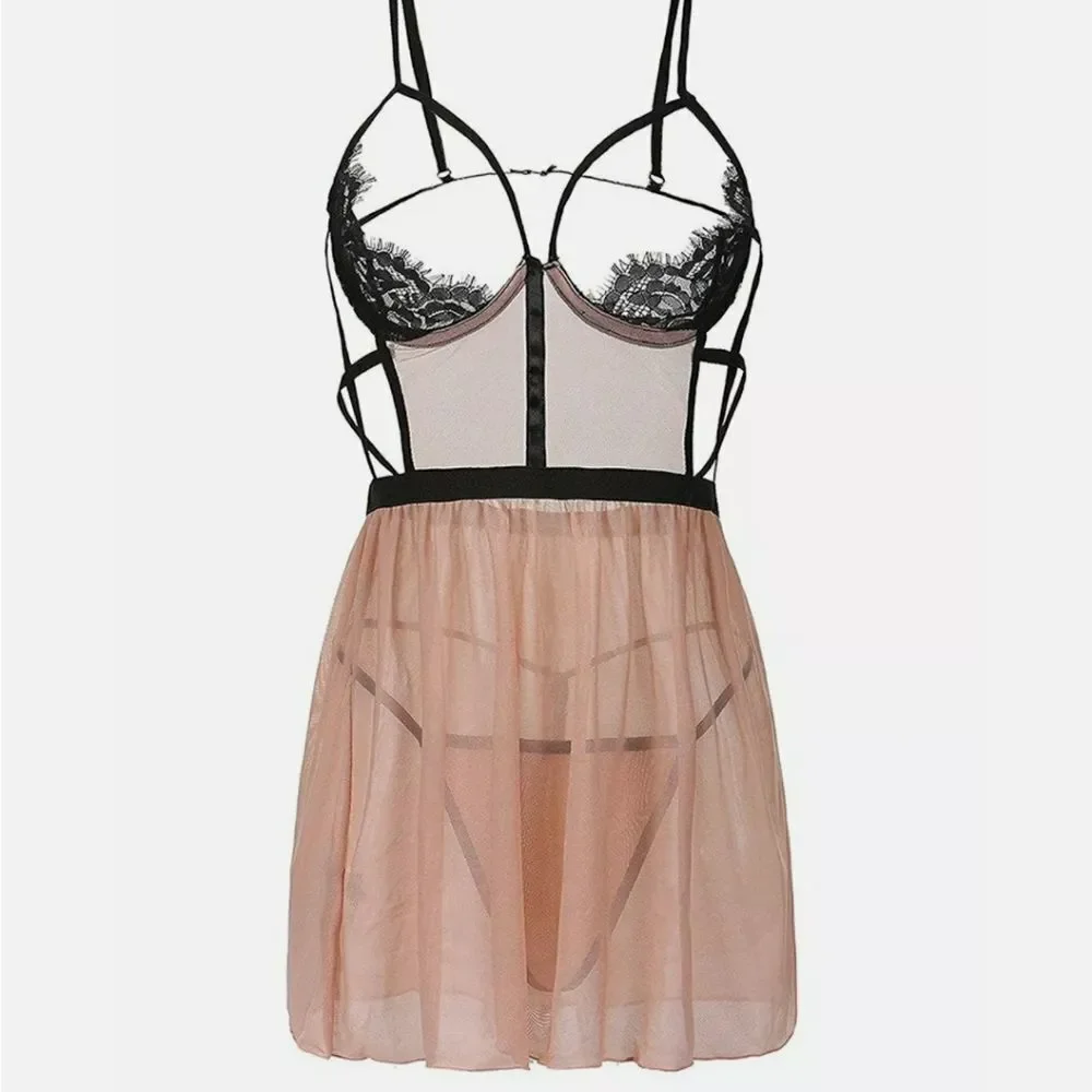 Deep-V Lace Dress Open Cup Underwear Babydoll Sleepwears Underwear + G string